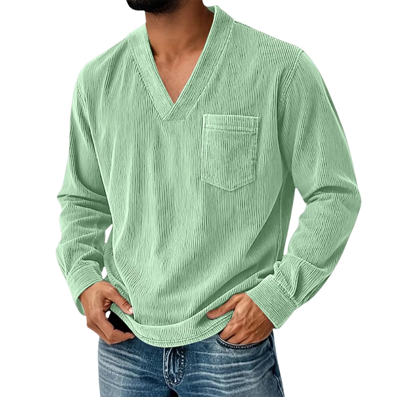 Mens Solid Color Corduroy Long Sleeve Shirt V Neck Casual Loose T Shirt Tops