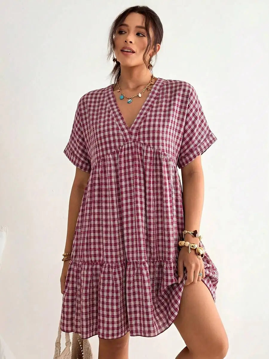 Plaid Batwing Sleeve Ruffle Hem Loose Dress Beach Vacation Bohemian Summer Dress