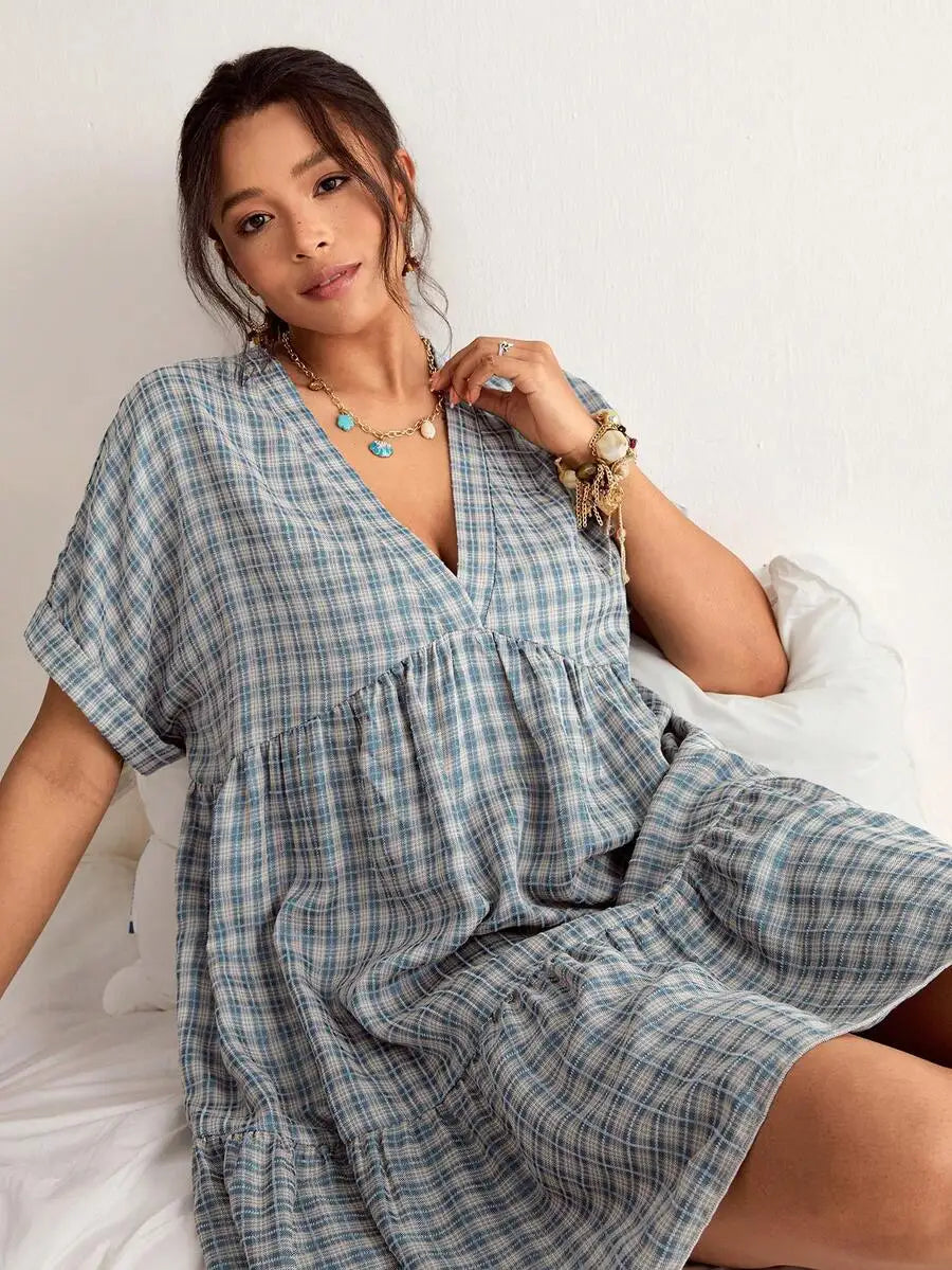 Plaid Batwing Sleeve Ruffle Hem Loose Dress Beach Vacation Bohemian Summer Dress