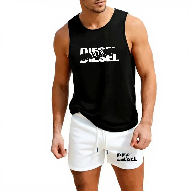 Summer Casual Trendy Tank Set Outdoor Jogging Basketball Training Sportswear European Size Vest+Beach Shorts Men's 2-piece