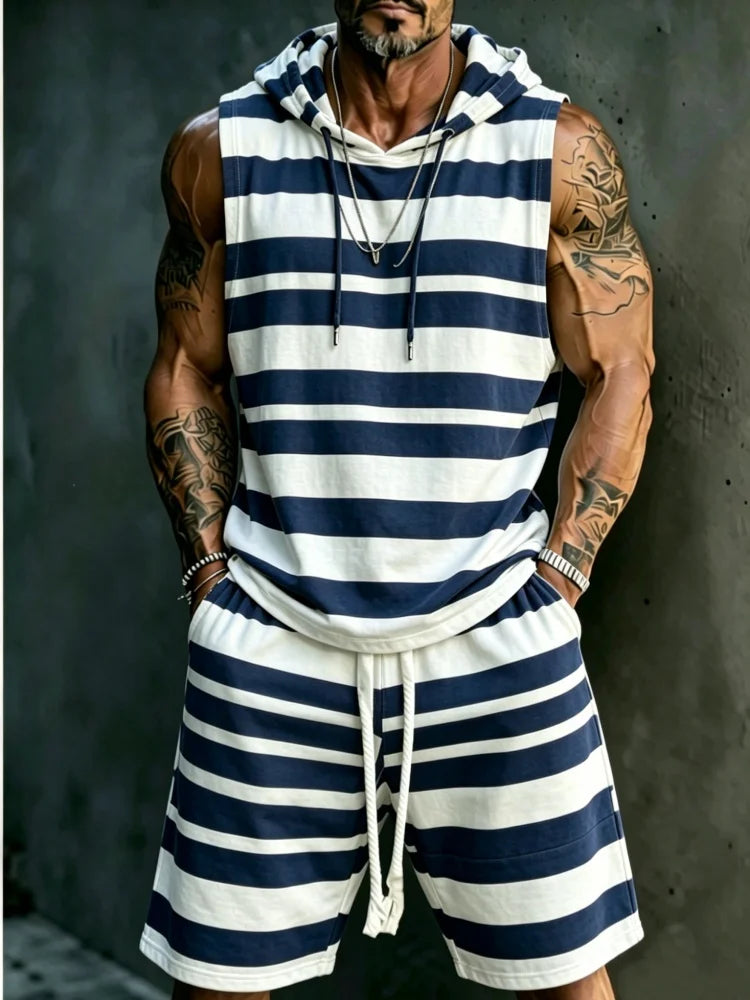 Men's Sleeveless Hooded Tank & Shorts Set, Loose Comfort Navy Stripe Print Casual Streetwear