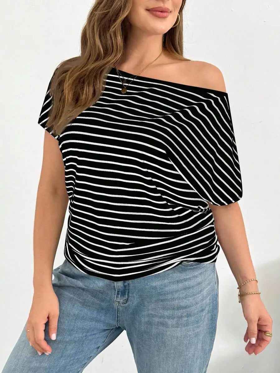Off Shoulder Striped Short Sleeve T-Shirt Women Casual Loose Comfortable Summer Top
