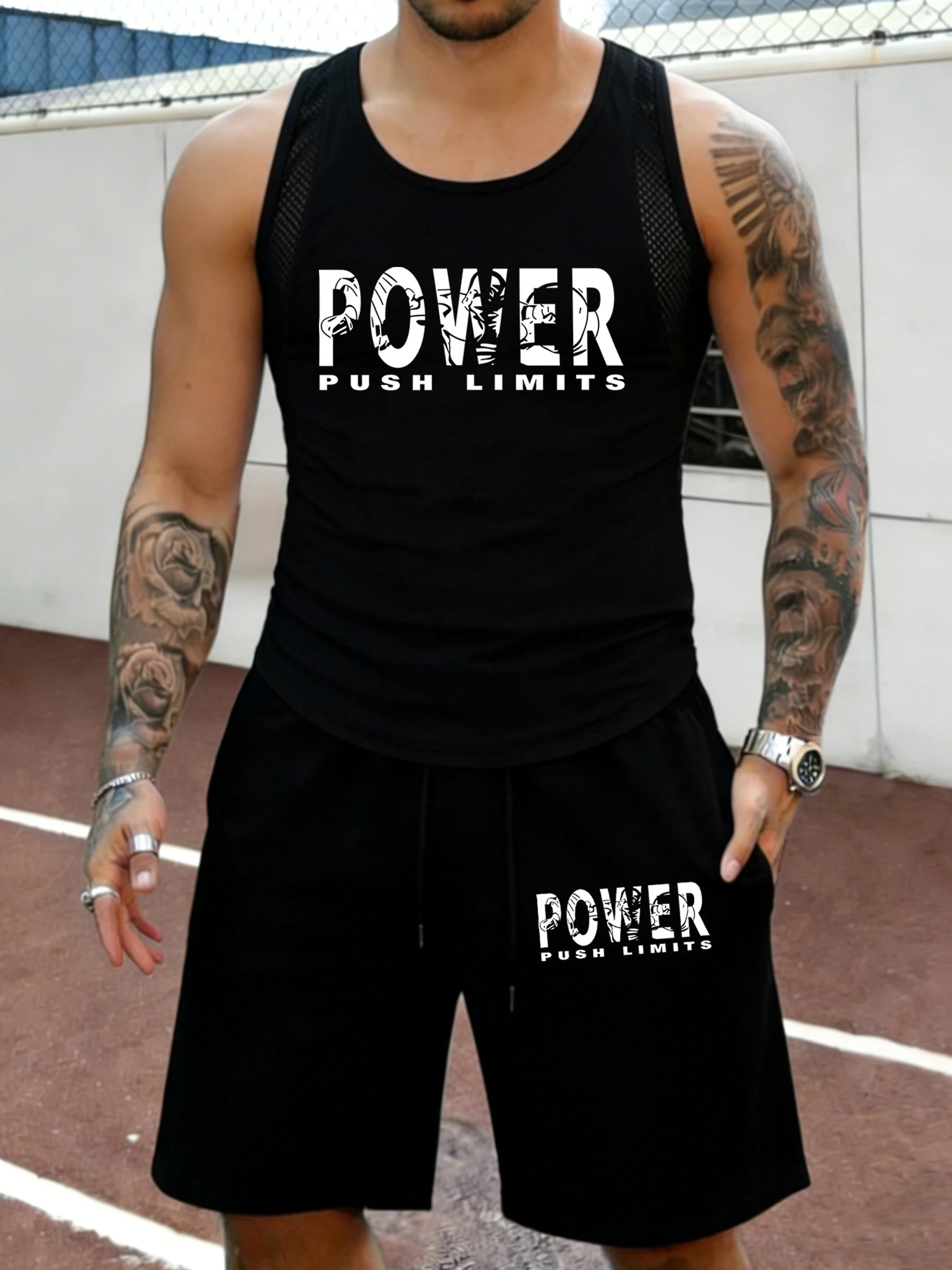 Power Push Limits Pattern Summer Fitness Mesh Vest Set Man Classic Pocket Shorts Quick Dry Running Sportswear Sport Short Pants