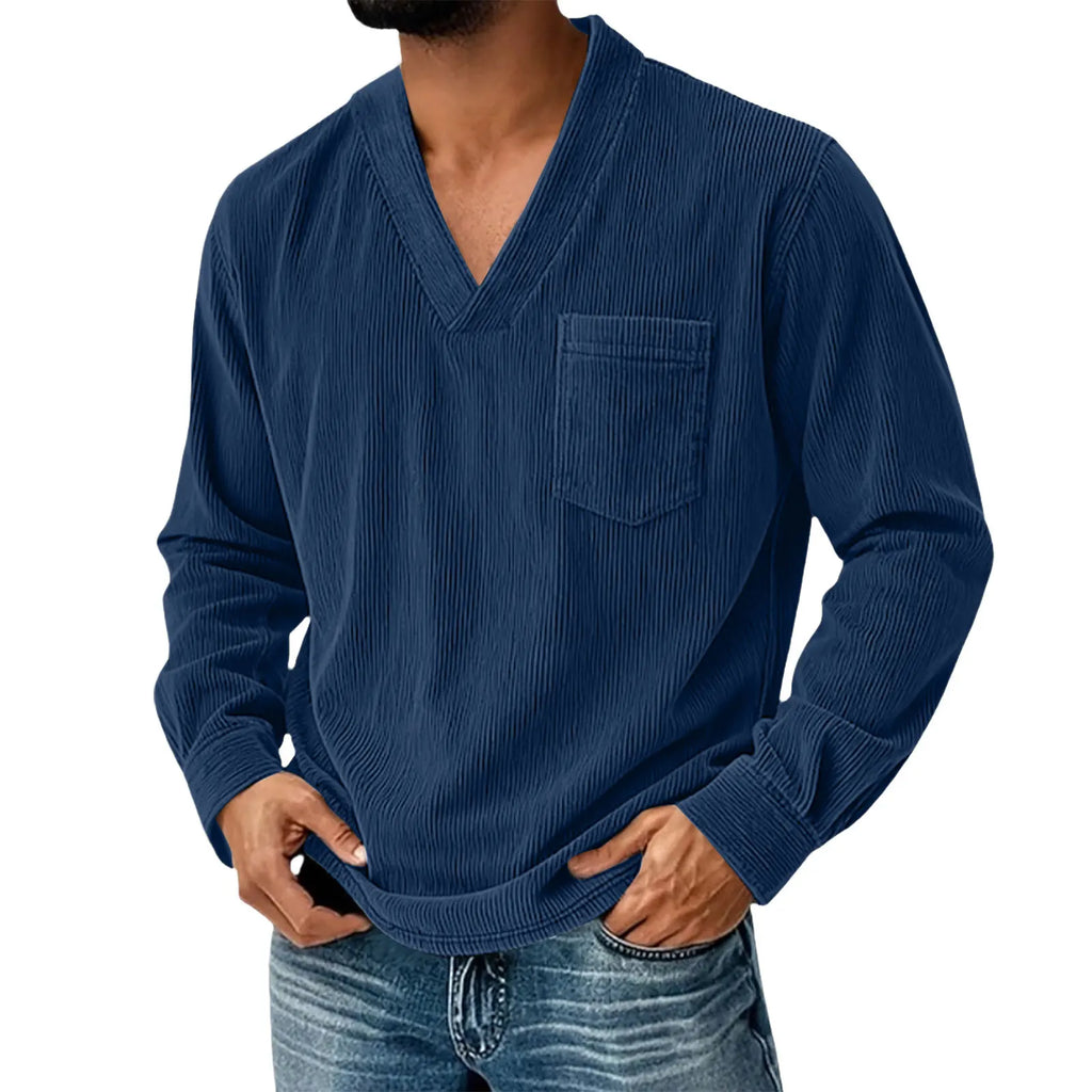 Mens Solid Color Corduroy Long Sleeve Shirt V Neck Casual Loose T Shirt Tops