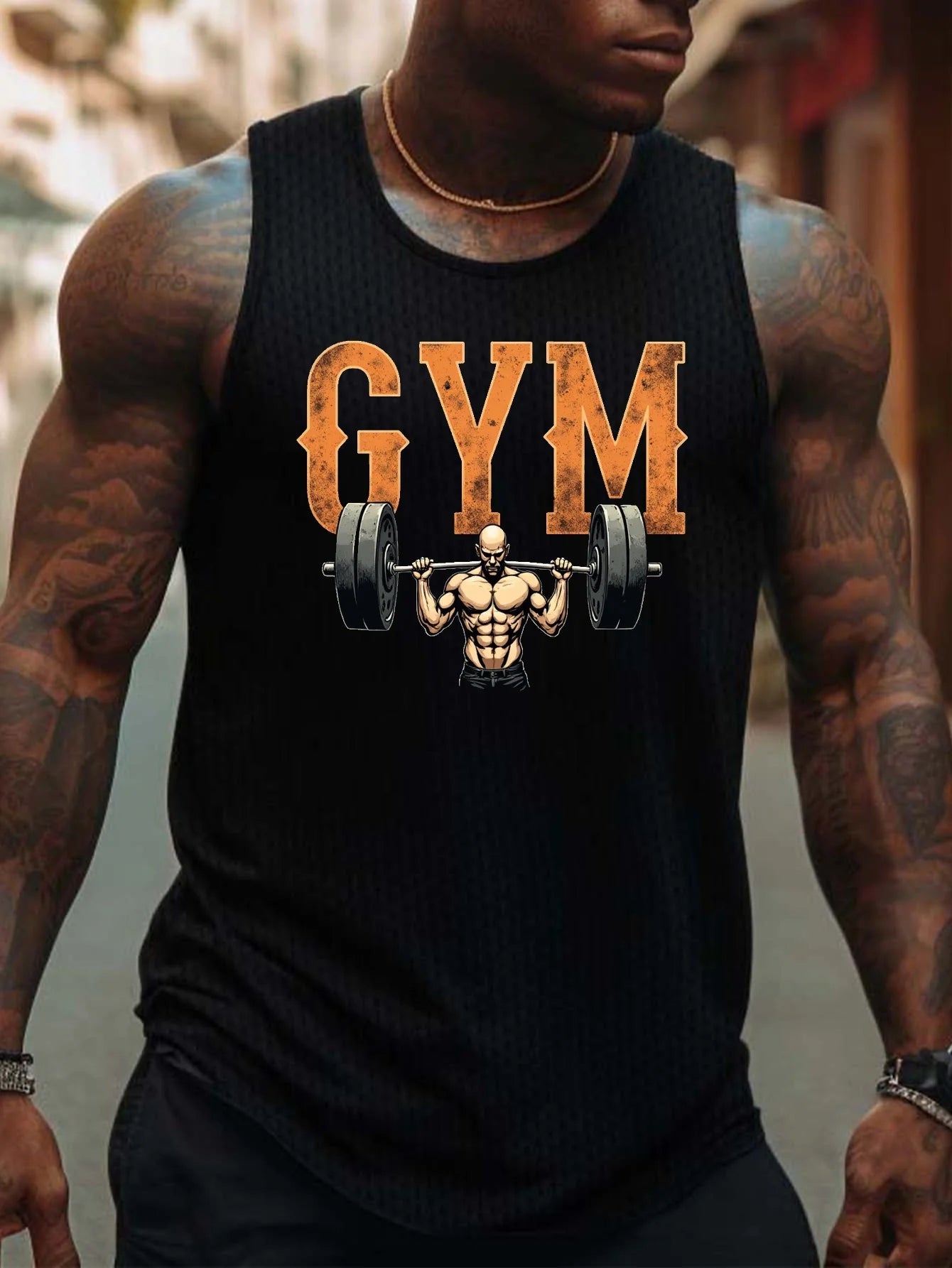 Men's fitness vest with fitness-themed patterns - breathable polyester, sleeveless sports outfit